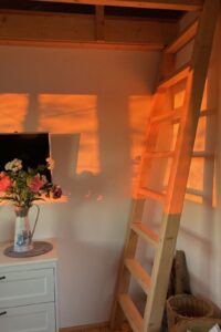 worpswede ferienhaus waldhaus wohnbereich leiter abendsonne
